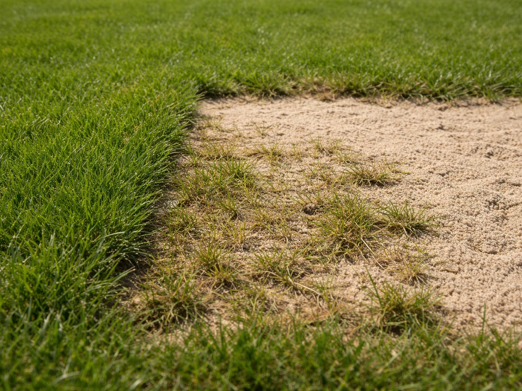 Gazon met te dikke laag zand; gras is geel en schraal, met duidelijk verschil naast een dun laagje.
