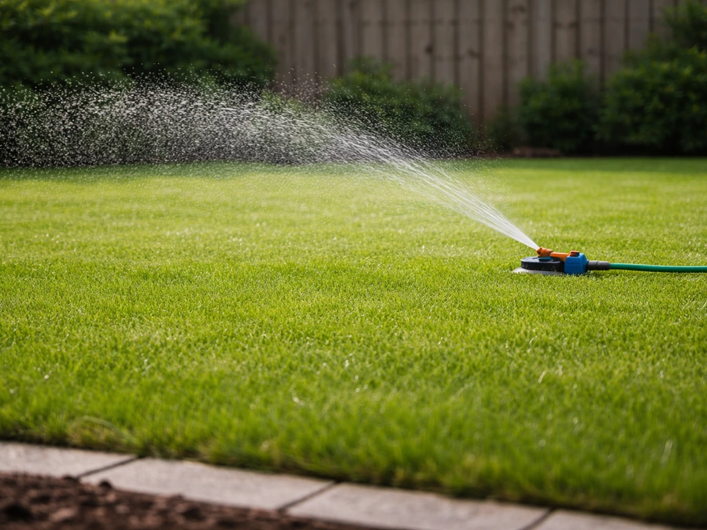 Vers, groen gazon met sproeier die direct na het strooien water geeft zodat korrels oplossen