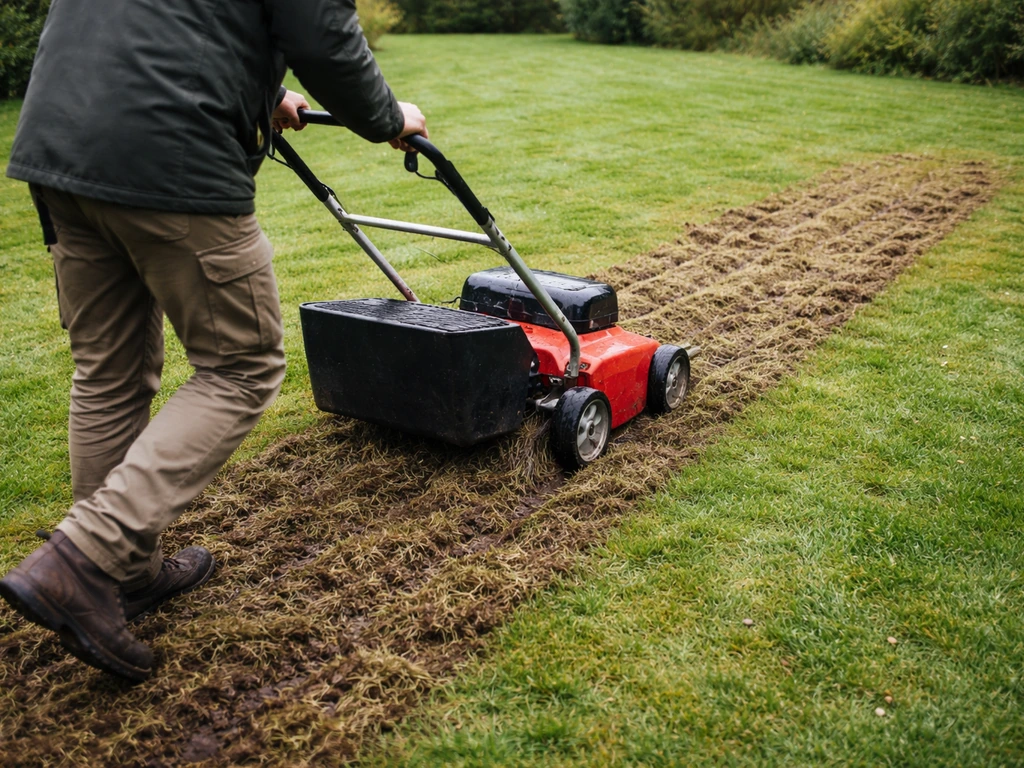 Verticuteermachine snijdt in het gazon; viltlaag wordt losgemaakt en bodem komt open zichtbaar.