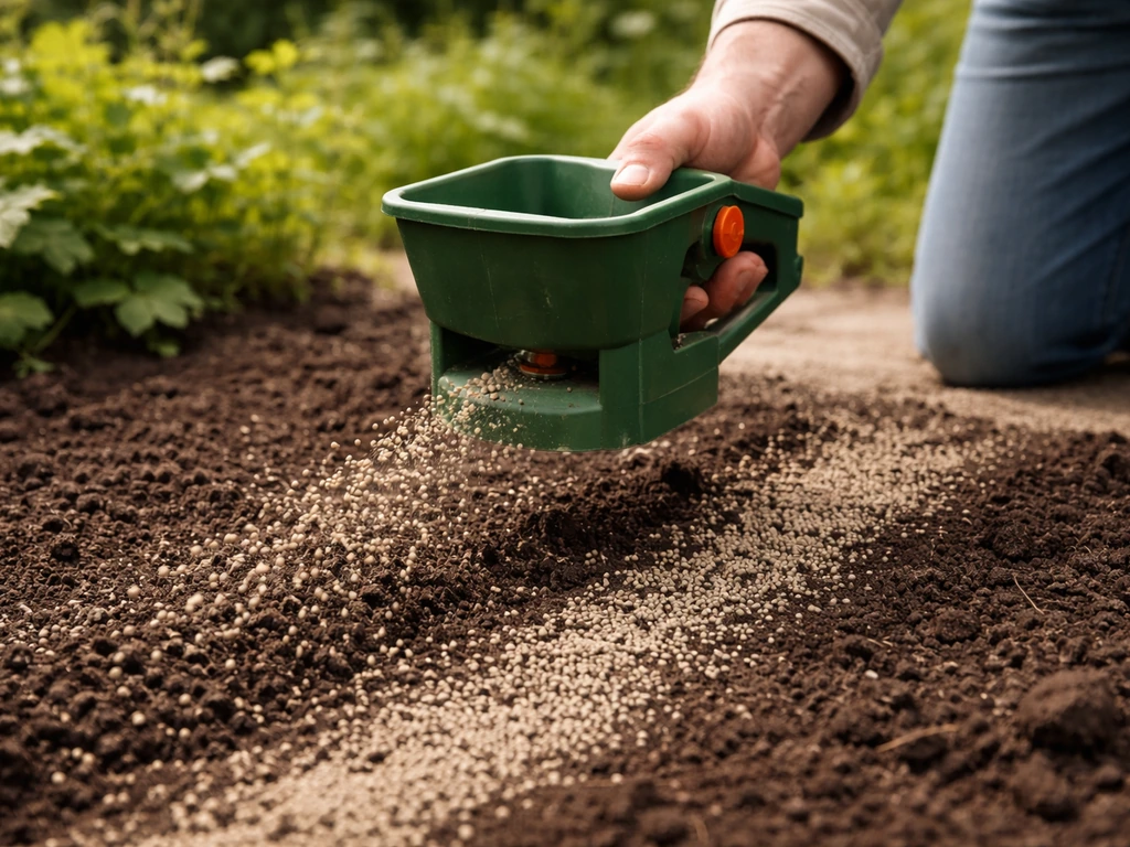 Anonieme hand strooit koemestkorrels met een aardse strooier over een tuinbed voor juiste dosering per m².