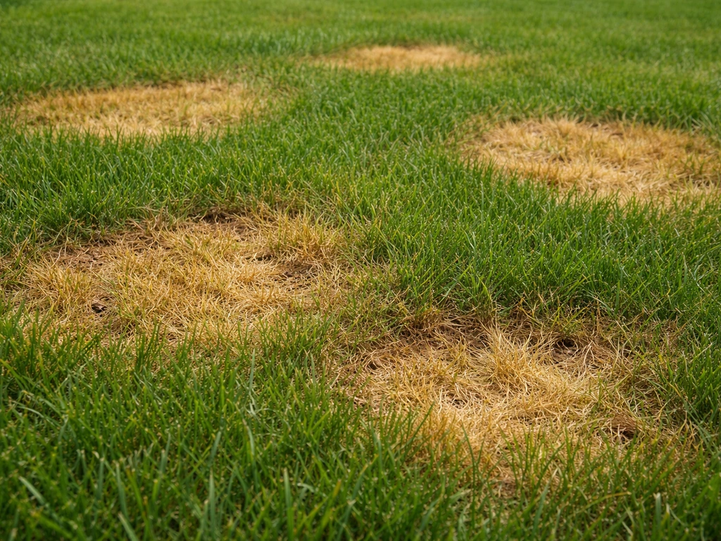 Close-up van vergeelde en bruine grasplekken op een gazon, passend bij verbranding door te veel stikstof.