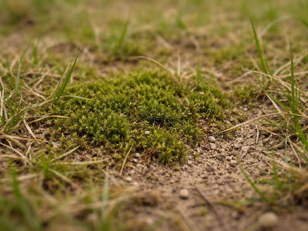 Close-up van mos tussen dun en gelig gras in een gazon, met zichtbaar bodemoppervlak