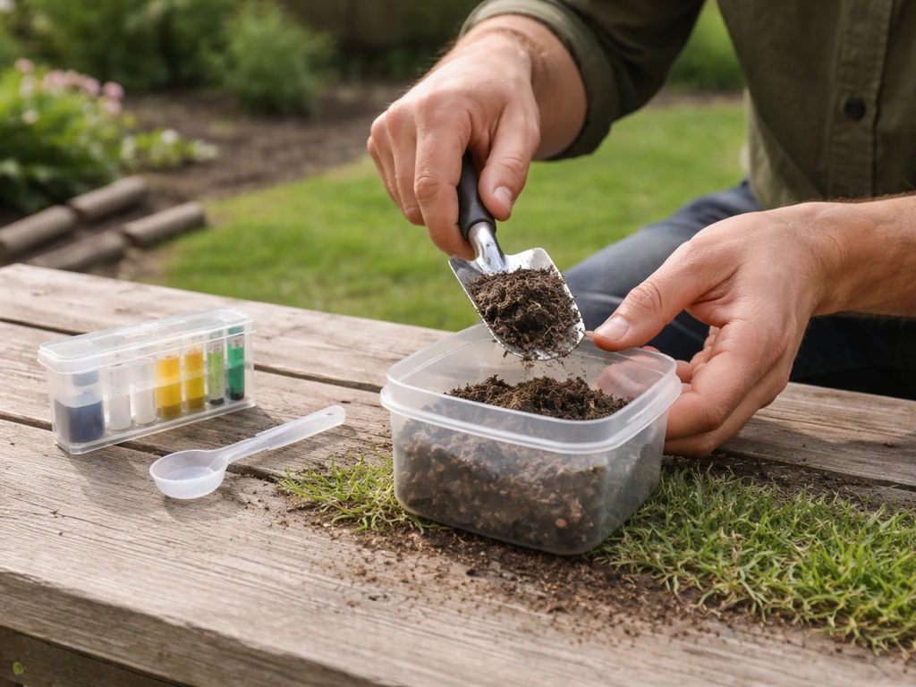 Iemand neemt een grondmonster en bereidt het voor in een plastic bakje voor pH-meting
