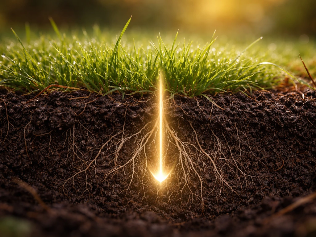 Gras met zichtbare wortels in doorsnede, kaliumrichting naar beneden en energie die naar de wortels trekt