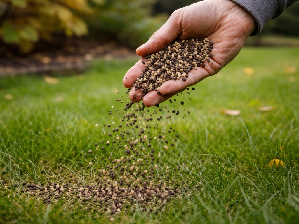 Hand die najaarsgazonmeststofkorrels over het gras strooit in de herfst, close-up.