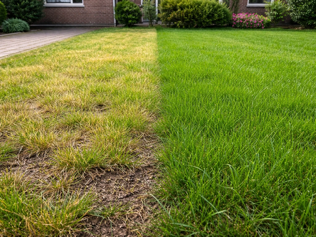 Gazon met zichtbaar contrast: links vergeeld en rechts frisser groen, als voor/na tussen seizoenen.