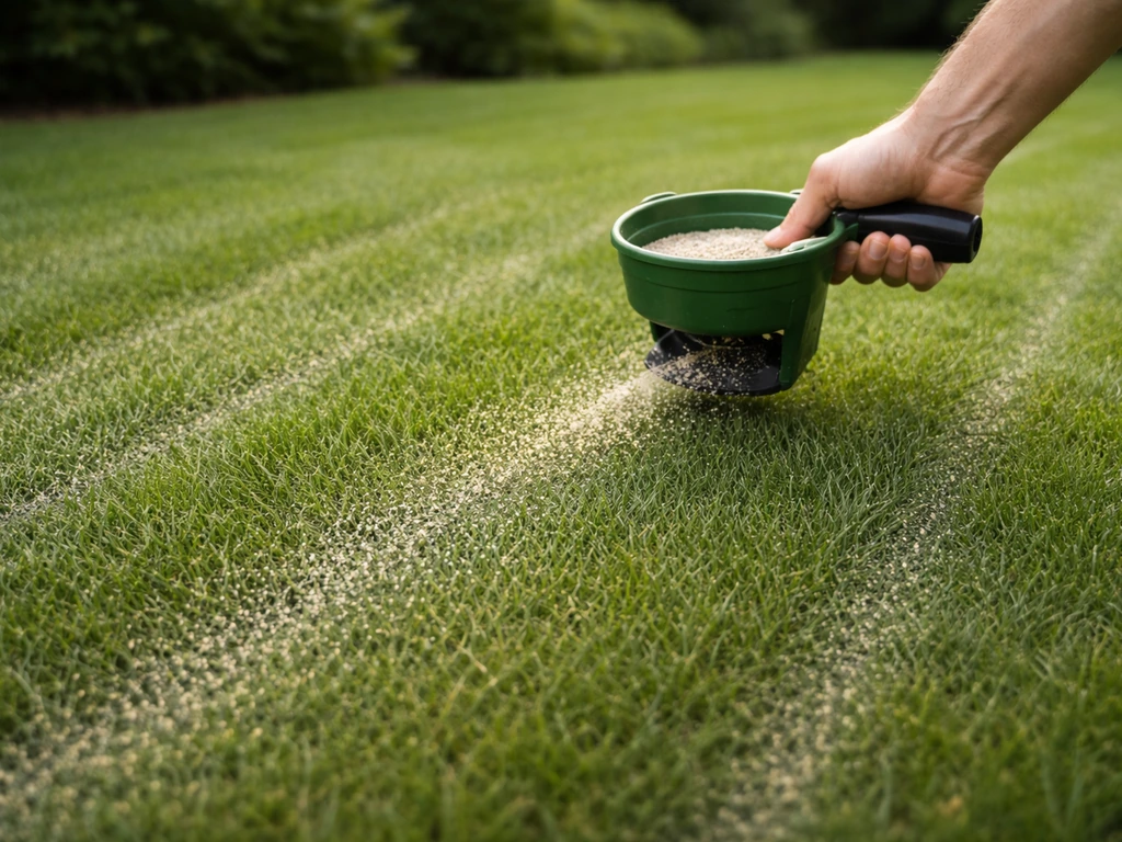 Hand strooit meststof op gras met subtiele overlappende sporen voor gelijkmatige verdeling