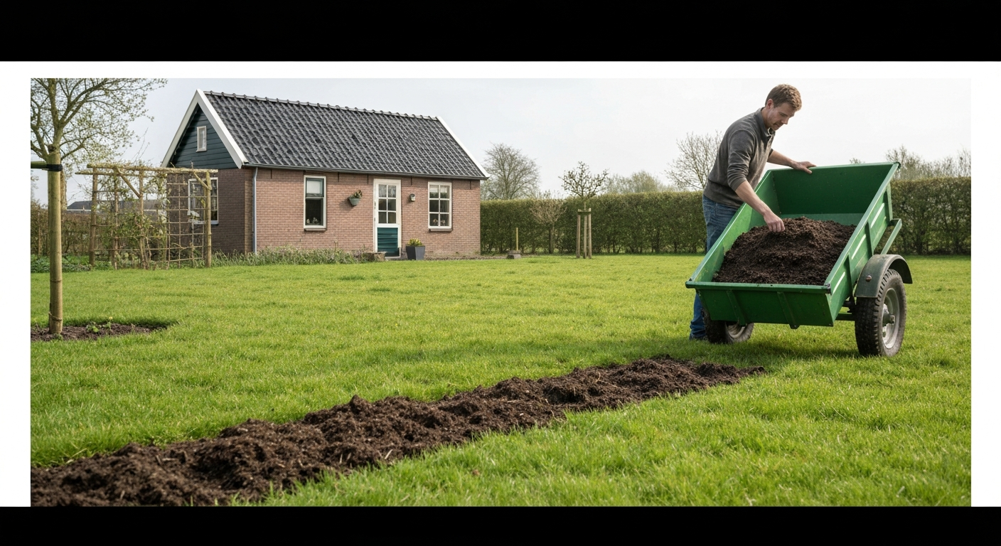 Tuinman strooit gezeefde compost van een kruiwagen over een Nederlands gazon in het voorjaar; close-up van compost en gras.