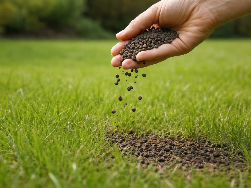 Groen gazon in het vroege voorjaar met koemestkorrels in een hand, passend bij maart–april timing.