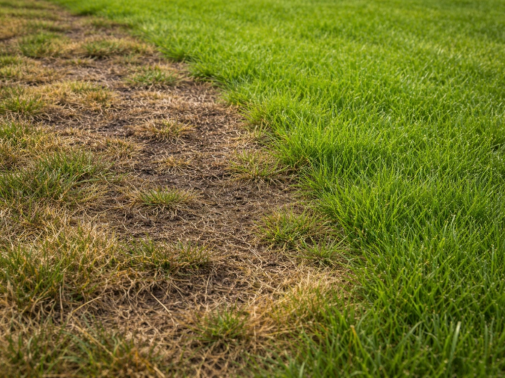 Ongelijke, verbrande plekken op een gazon naast een gezonde groene rand door te veel mest