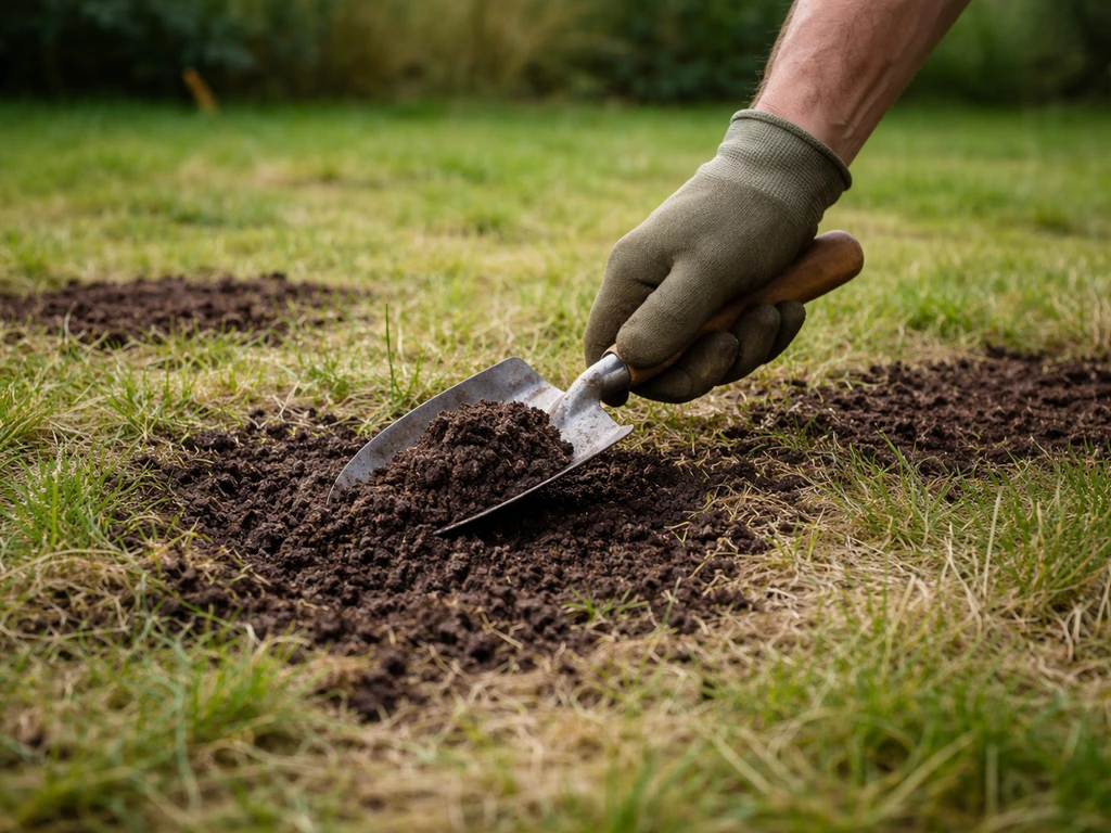 Hand die compost in kale plekken van het gazon werkt, met zichtbaar gras en open grond (half augustus–september).