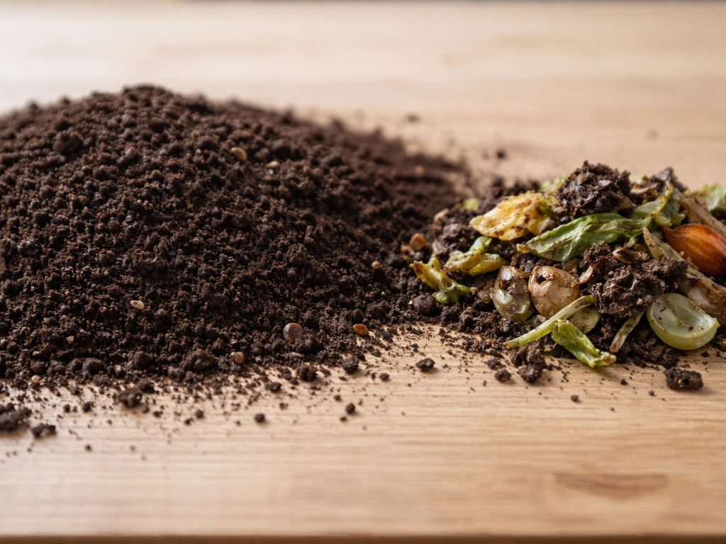 Close-up van fijne, goed uitgerijpte GFT-compost met daarnaast grover materiaal voor textuurverschil.