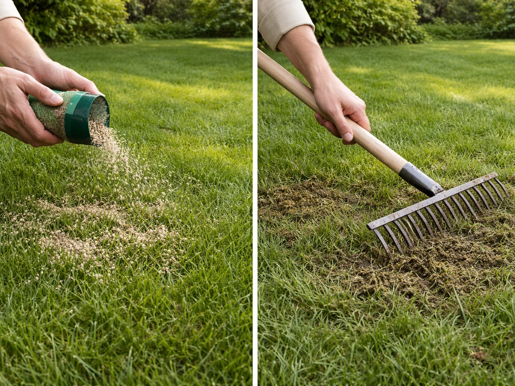 Iemand strooit compost gelijkmatig over een gazon, daarna wordt het licht ingewerkt met een hark.