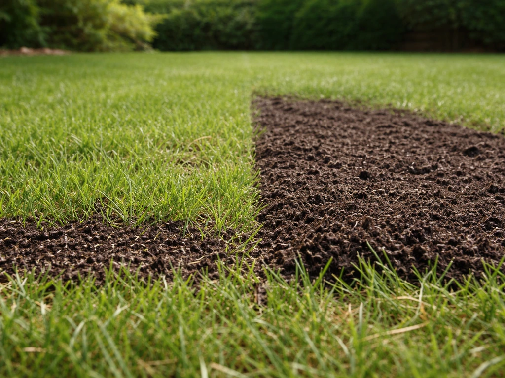 Gazontje met contrast: dunne compostlaag waar gras goed groeit en te dikke laag waar sprieten onderdrukt zijn.