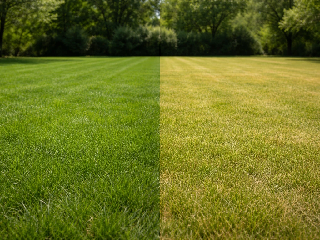 Gazon met frisgroene voorjaarsgroei links en lichter zomergroen rechts, zonder mensen of tekst.
