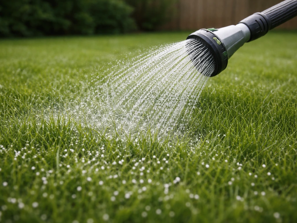 Tuinman beregent een groen gazon na het strooien, met nat geregend gras en bewolkt licht