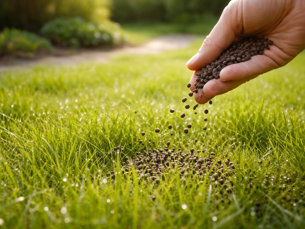 Vroegvoorjaarsgazon met jonge grassprieten en een hand die mestkorrels uitstrooit bij een tuinpad