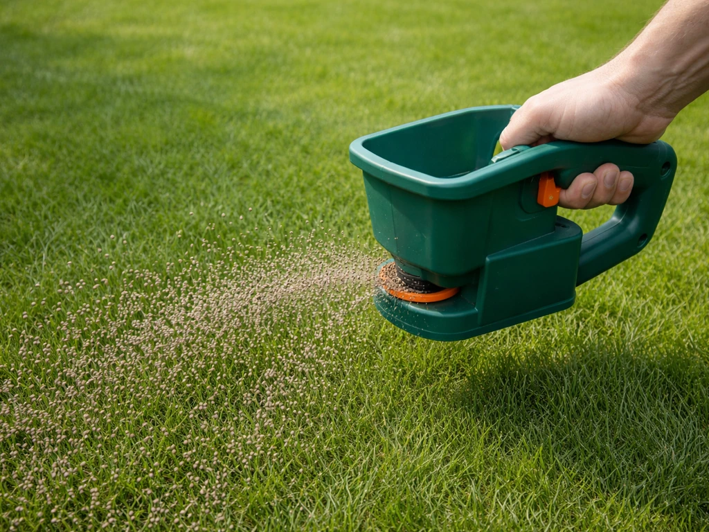 Handstrooier die bij droog, windarm weer gelijkmatig bloedmeel over een gazon strooit