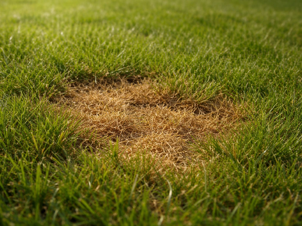 Geelbruine brandplekken op groen gazon, met zichtbare droge graspartijen na te veel bloedmeel