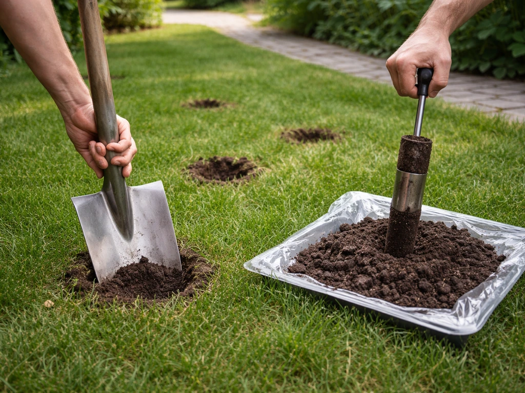Hand met spade en grondboor bij meerdere steekplekken in het gazon voor pH-bodemmeetmonster.