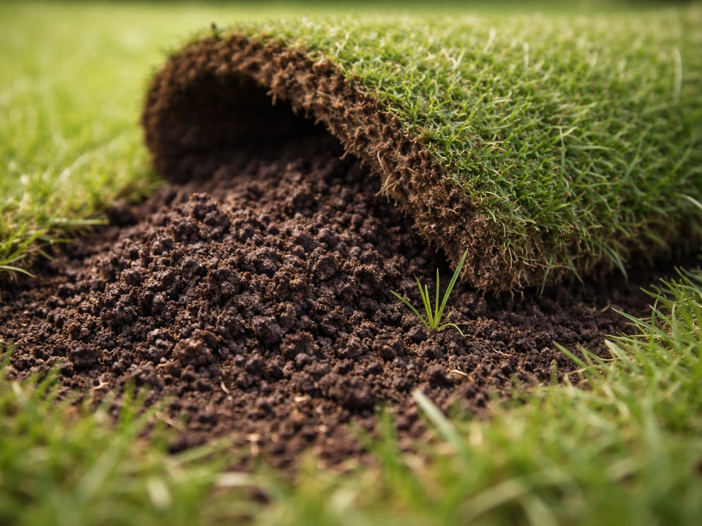 Kruimelige, donkere compostgrond met een kleine groene graspluk naast een open grasmat op licht natte aarde