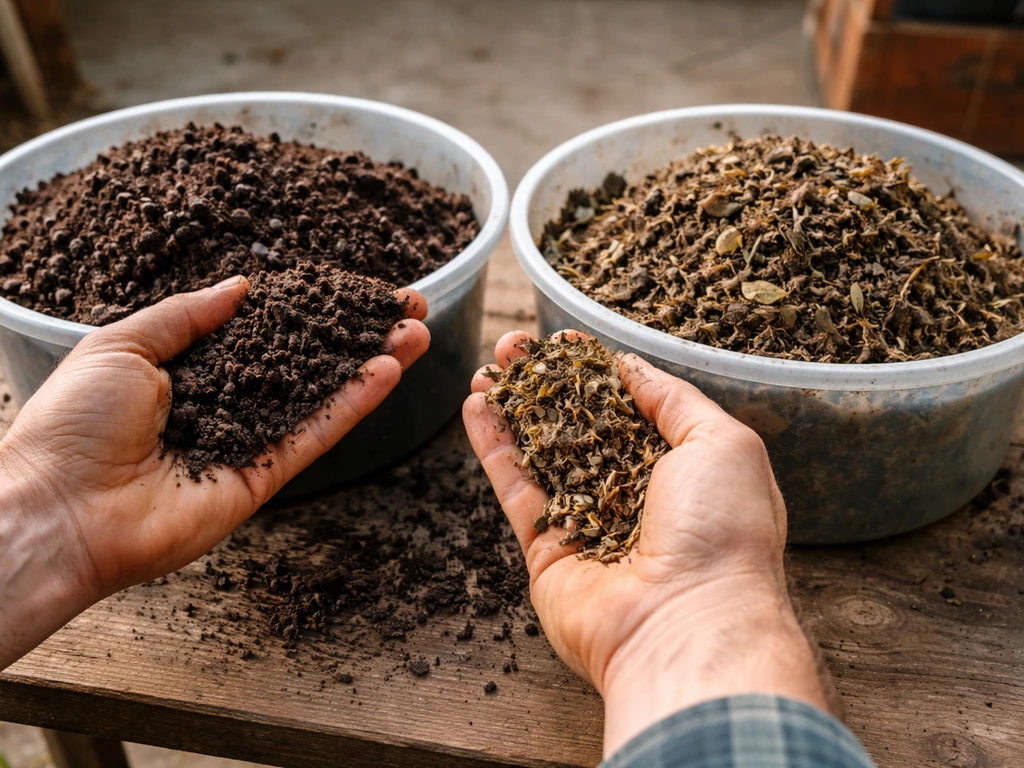 Twee bakken met compost: rijpe compost kruimelig en donker, onrijpe compost grover en vochtig, close-up