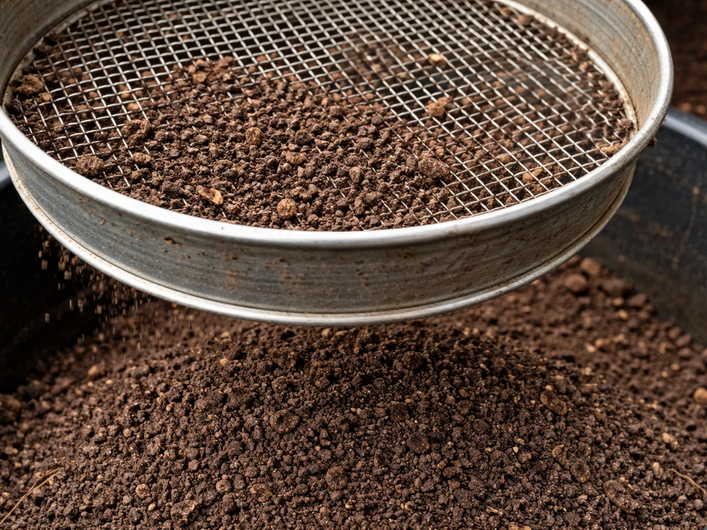 Close-up van fijn gezeefde compost die door een metalen zeef valt, met zicht op korrelgrootte.
