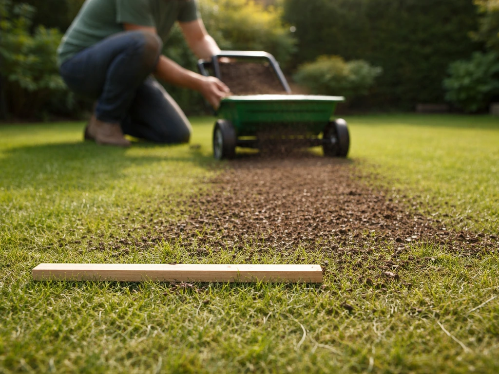 Tuinman strooit dunne compostlaag op gazon met kar/spreider en meetlat voor laagdikte
