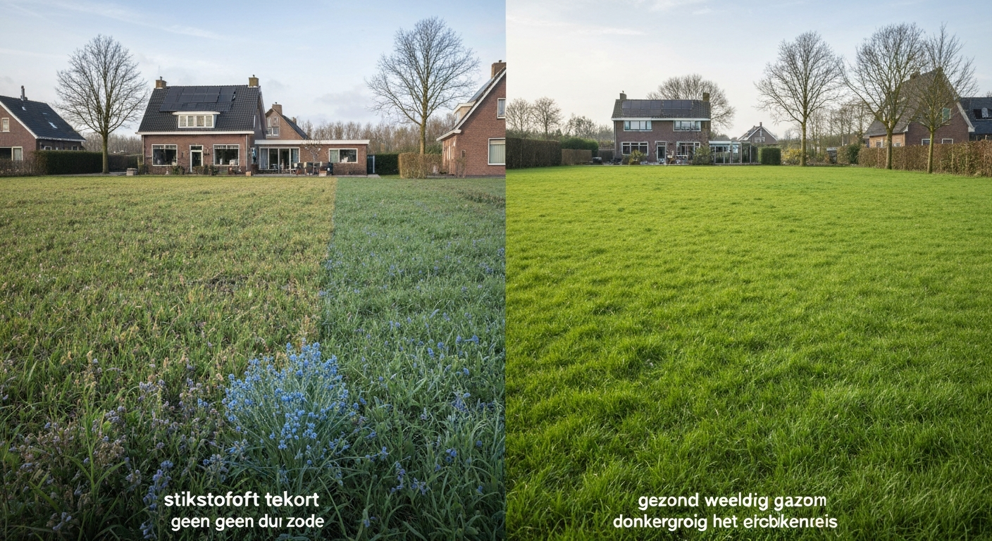 Split-screen weergave van een gazon met links lichtgroen/geel en dun gras (stikstoftekort) en rechts dicht, donkergroen gezond gazon.