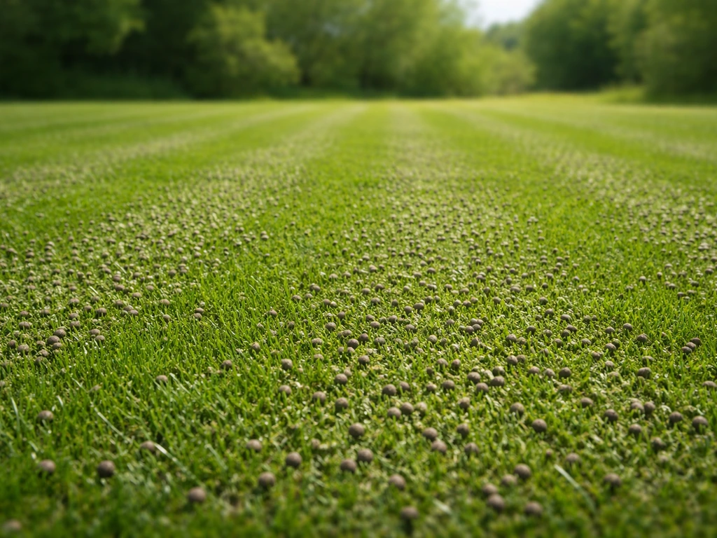Groen gazon met vers uitgestrooide koemestkorrels in egale banen, korrels scherp op de voorgrond.