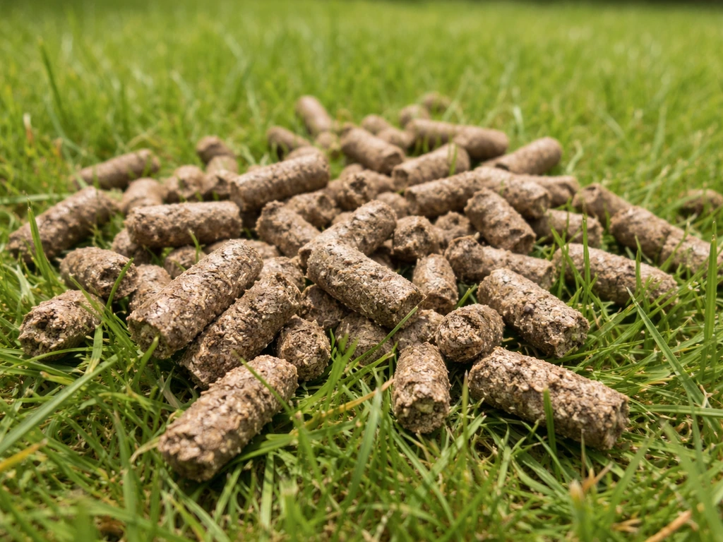 Close-up van bruine koemestkorrels op groen gazon met zichtbare korreltextuur.