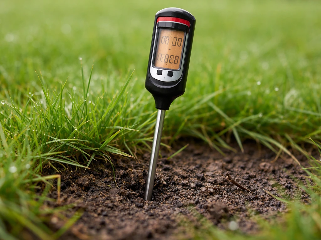 Bodemthermometer in het gazon die aangeeft dat de bodem warm genoeg is om te strooien.