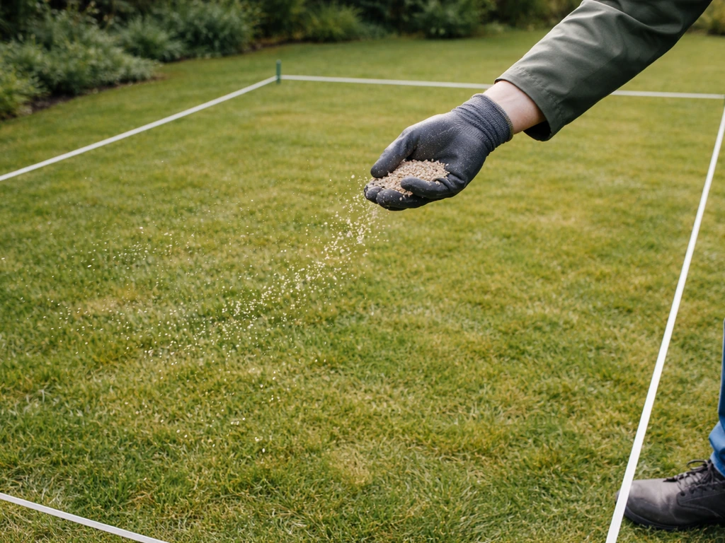 Handmatig korrels uitstrooien op een afgebakend gazondeel met tuinlint in een Nederlandse achtertuin.