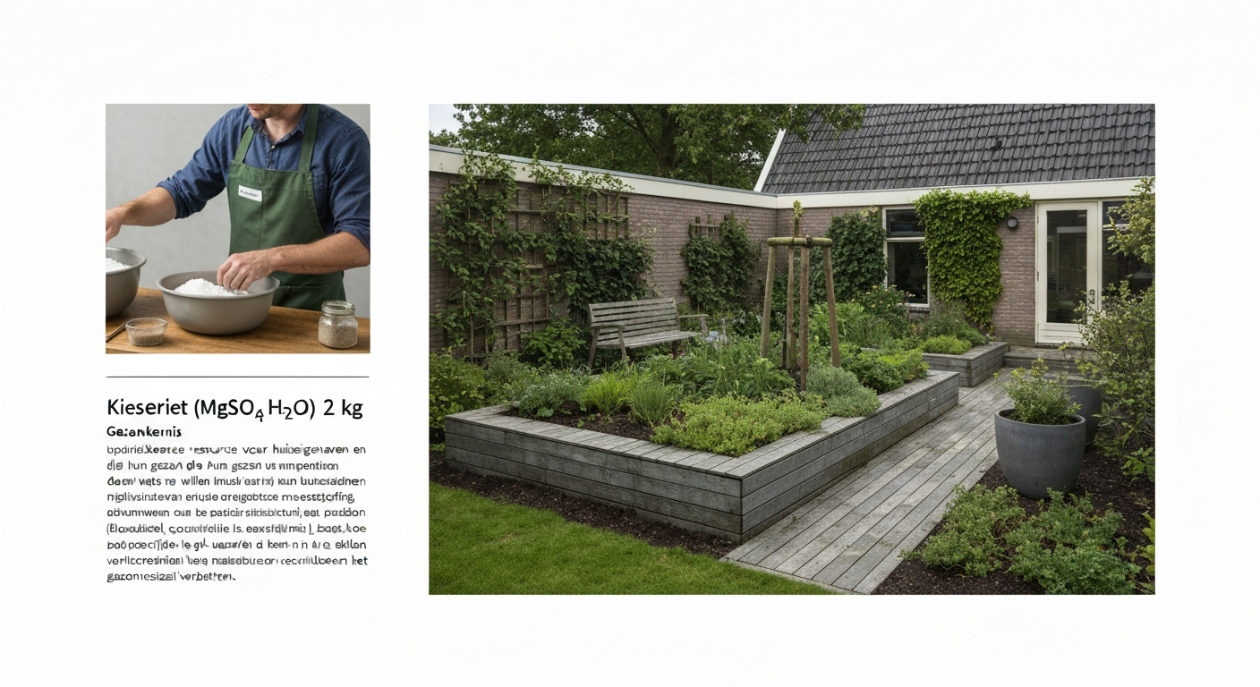 Achtertuin met donkergroen gazon; persoon strooit kieseriet met handstrooier, zakje 'Kieseriet 2 kg' zichtbaar.