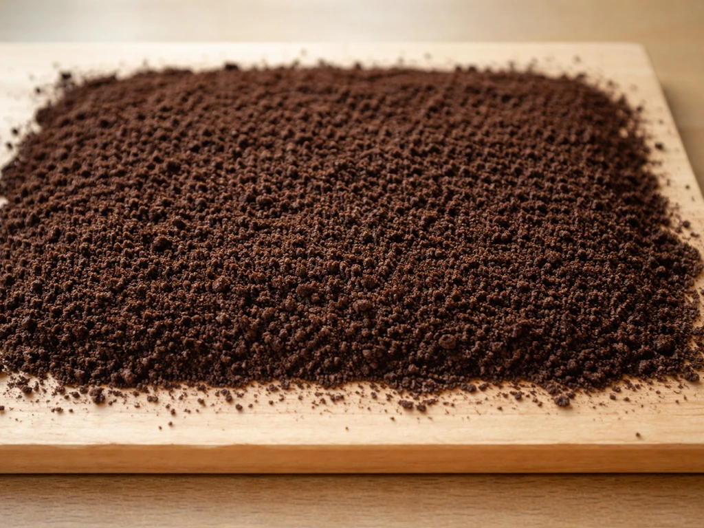 Close-up van fijne, rijpe gezeefde compost met kruimelige korrels op een houten plank.