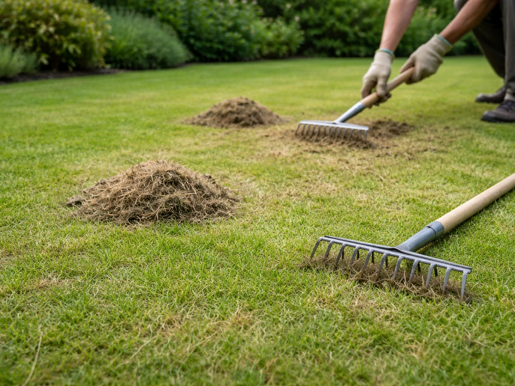 Gazon dat net gemaaid is tot 3–4 cm, met vilt/maaisel verwijderd door handen met harkje