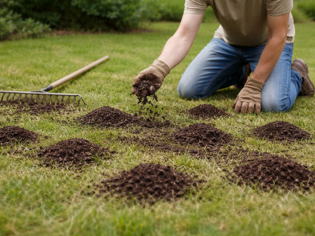Hand strooit compost in kleine hoopjes op een gazon en egaliseert daarna met een hark