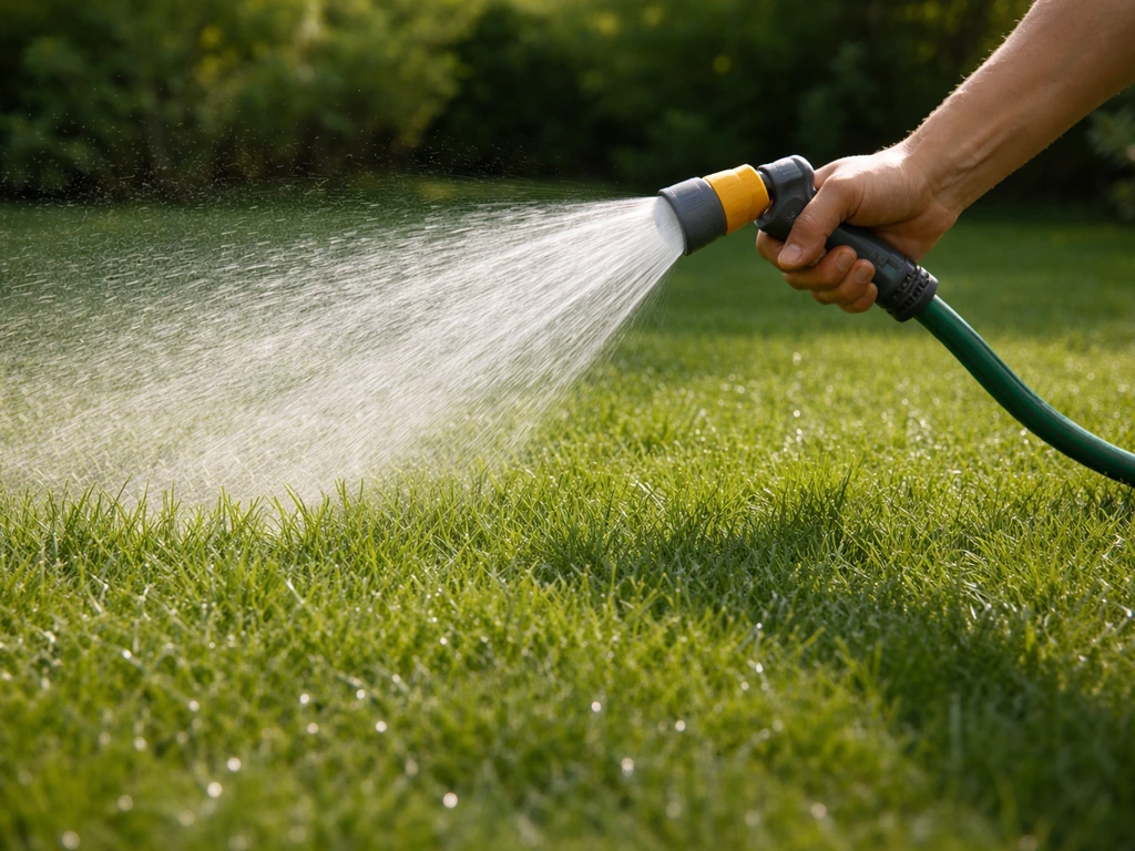 Hand beregent vers gazon met een tuinsproeier; nat gras en waterdruppels direct na het strooien.
