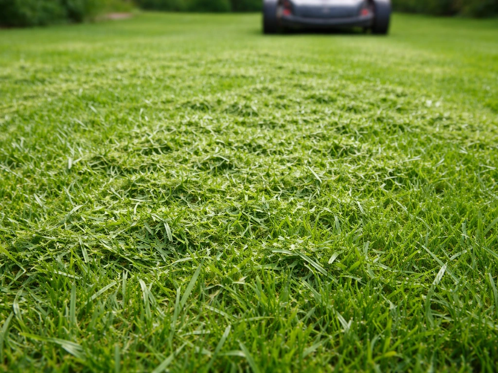 Close-up van vers gemaaid gazon met fijn maaisel dat op de grassprieten blijft liggen (grasscycling).