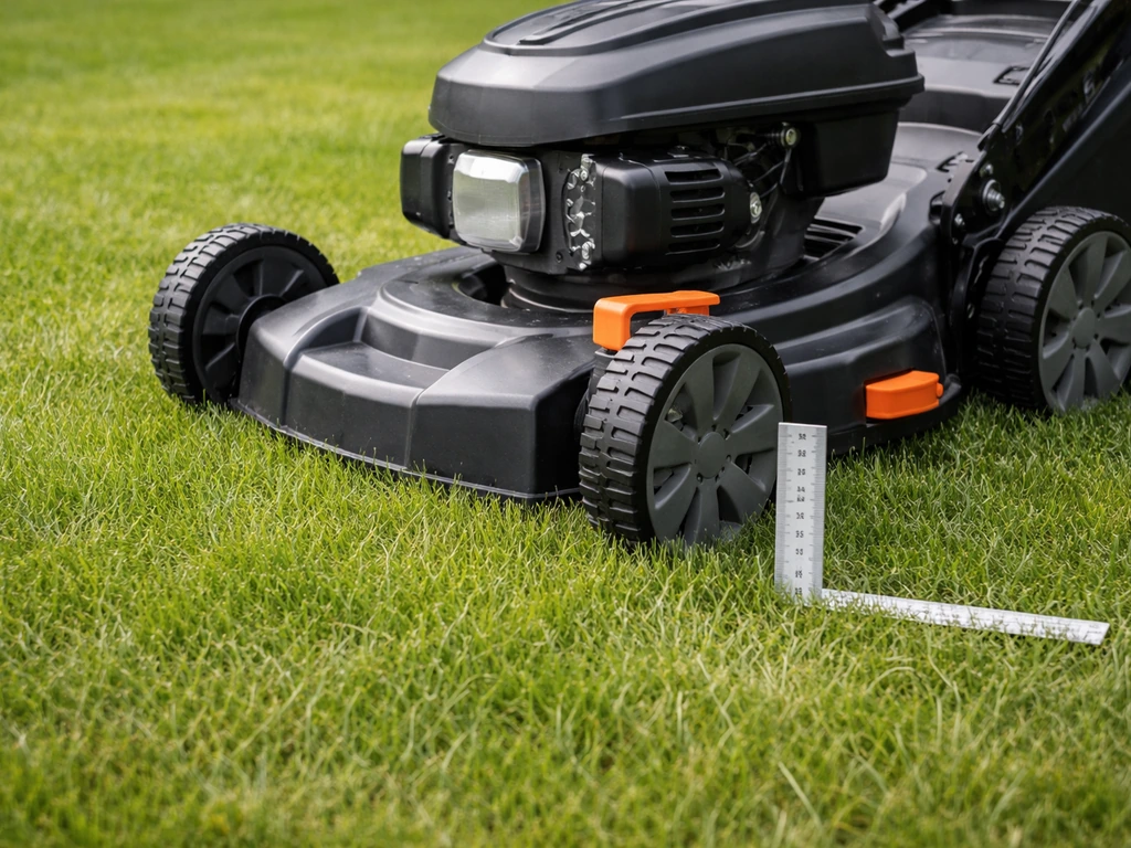 Close-up van een grasmaaier naast een liniaal, met maaihoogte rond 4–5 cm voor mulchen