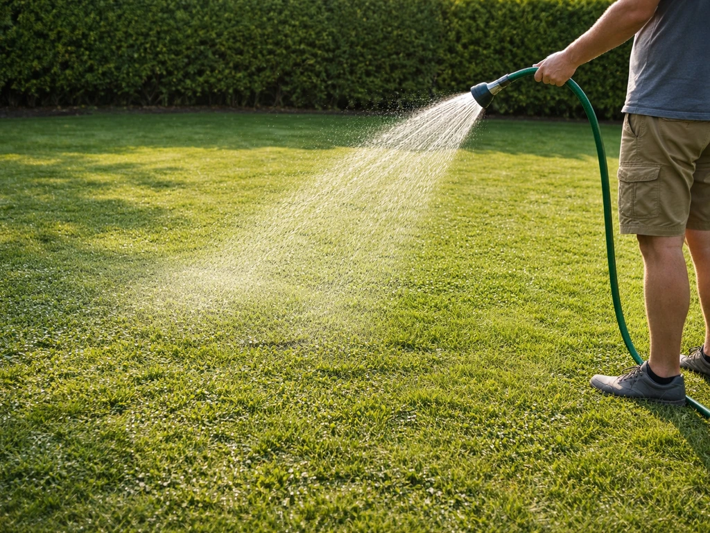 Een sproeier/tuinslang die licht en gelijkmatig water geeft op een gemulcht gazon