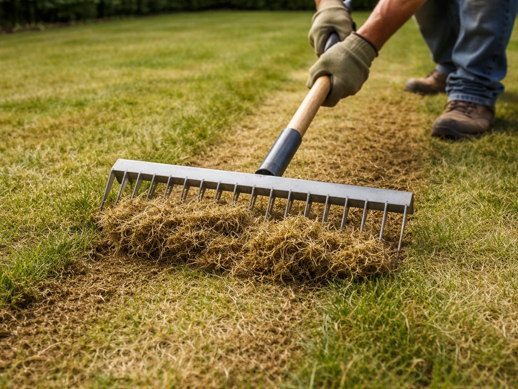 Tuinier schuift met verticuteerhark door een gazon; dode mos en vezels komen los, klaar voor hergroei