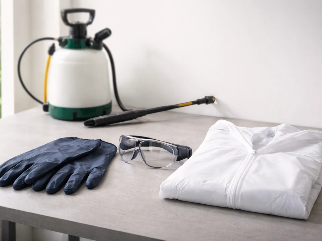 Chemisch bestendige handschoenen, veiligheidsbril en beschermende kleding naast een spuitapparaat op een werktafel.