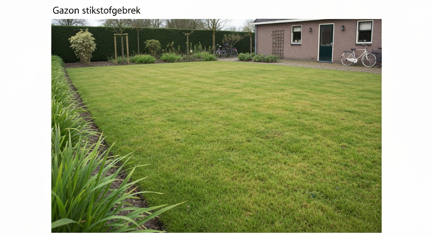 Fotorealistische weergave van een Nederlands gazon met stikstofgebrek: gelijkmatige lichtgroene tot geelgroene verkleuring en dunner wordend gras.