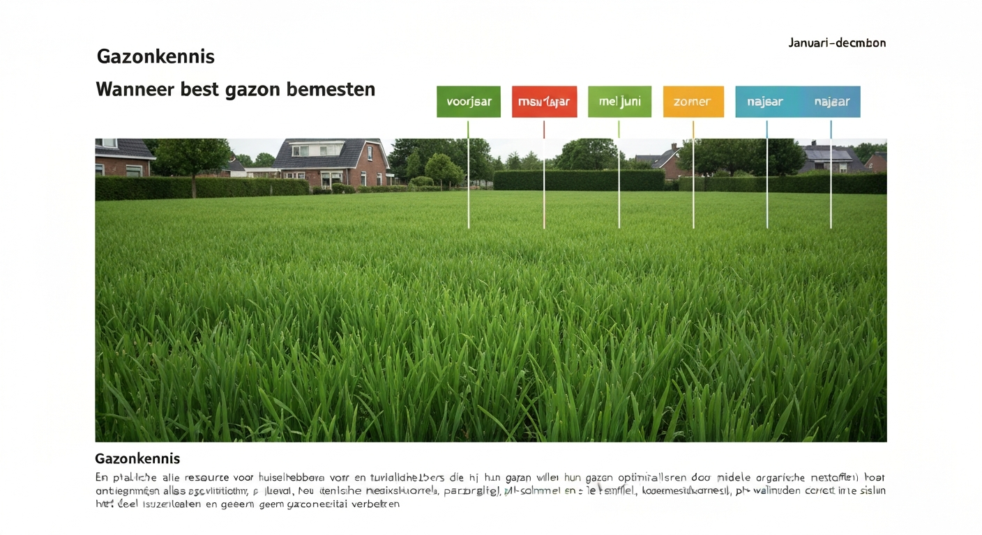 Gezond Nederlands gazon met kalender-overlay die aanbevolen bemestingsmaanden markeert (maart/april, mei/juni, september/oktober).