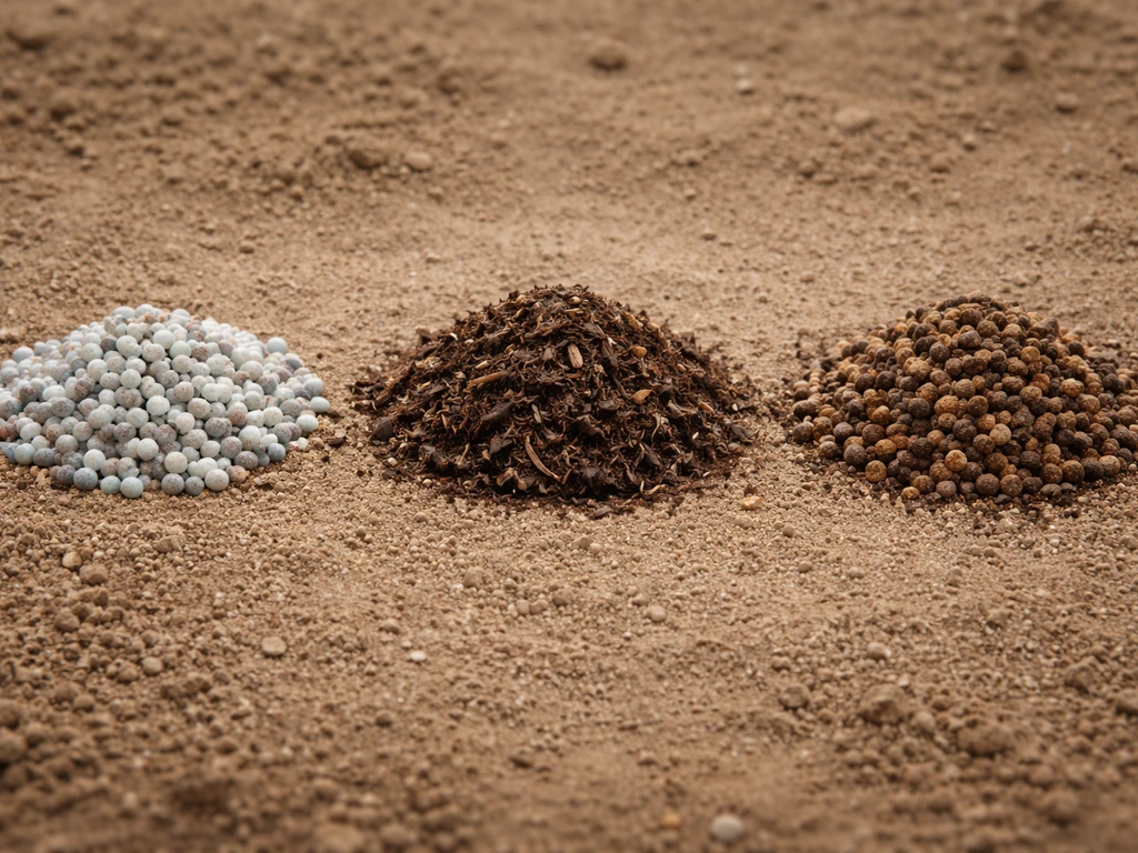 Drie losse mestvoorbeelden naast elkaar op een droge ondergrond: kunstmestkorrels, compost en organische mest.