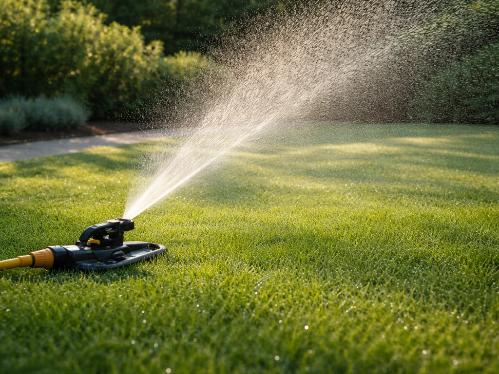 Sprinkler geeft water op pas behandeld gazon in vroeg-ochtendlicht, rustige tuinomgeving zonder afleiding.