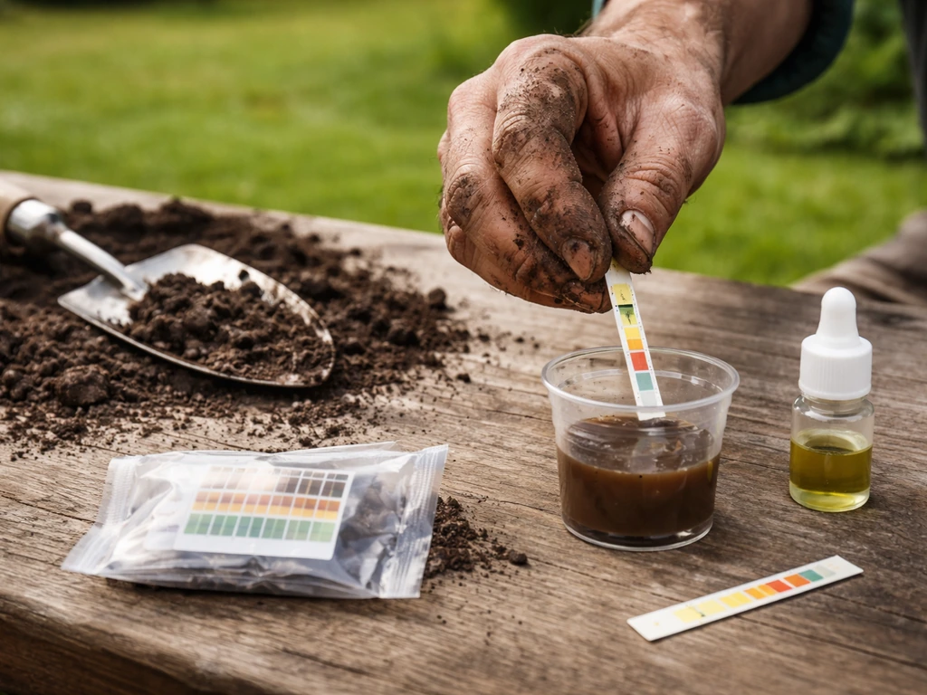 Hand gebruikt een bodem-pH-teststrip op een gazonbodem, met aardekorrels en testvloeistof in een klein bakje.