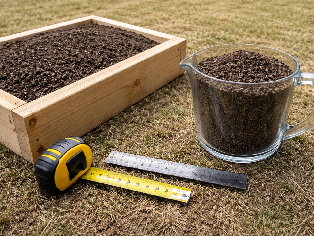Close-up van compost op gazon met maatlint en maatbeker als visuele richtlijn voor 2–5 mm en hoeveelheid per m².