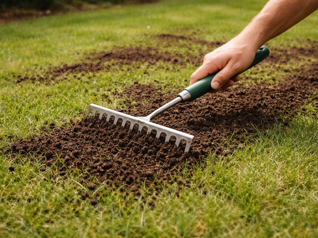 Tuinier harkt gezeefde rijpe compost tussen het gras als topdressing voor een gazon